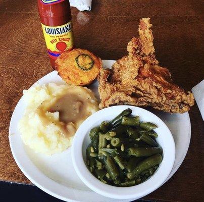 Fried Chicken, Mashed Creamed Potatoes, jalapeño Mexican Cornbread, Green Beans