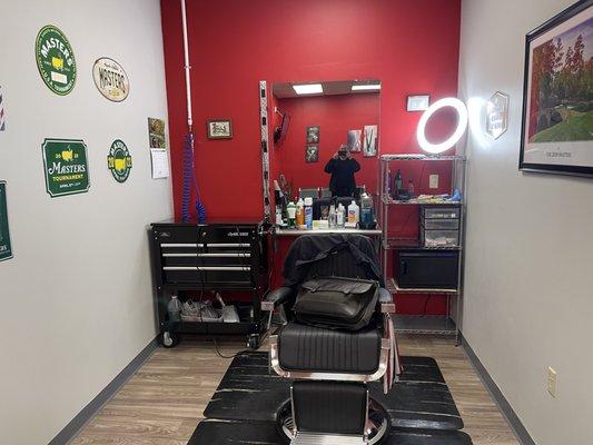 Rib's chair at the new Augusta Barber Post. Formerly DVBS.