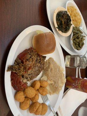 Meat loaf Mashed potatoes Corn puppies Turnip greens Green beans Peach cobbler