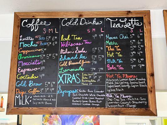 Coffee and drinks menu