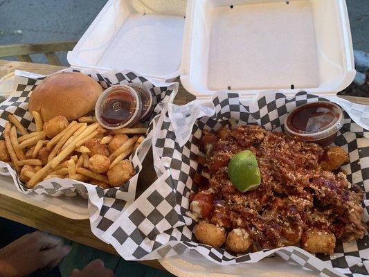 Pulled pork sandwich and loaded tots