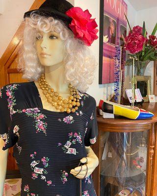 Our mannequin wears a 1940s novelty print dress, with Jen's hand painted Mondrian shoes in the background