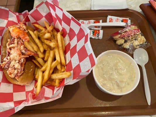 Lobster roll dinner with clam chowder