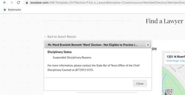 Proof of Ward Davison's suspension on the Texas State Bar website.