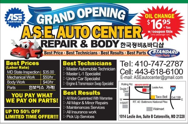 new location . GRAND OPENING SALE.  no markup on parts and minimum labor