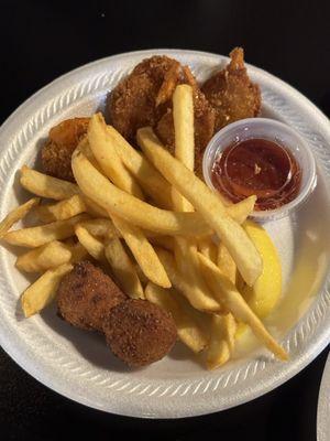 Kids shrimp  French fries  Hush puppies  Ketchup  One lemon wedge