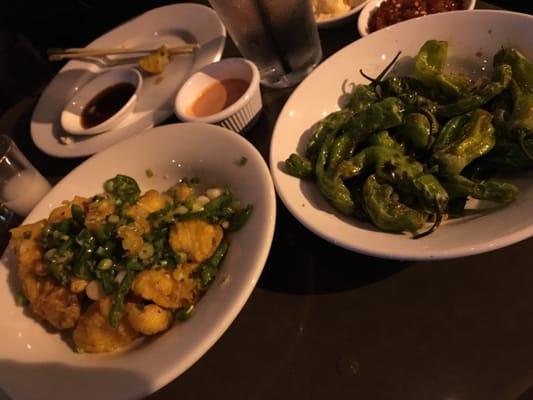 Crispy calamari and shishito peppers. Happy hour