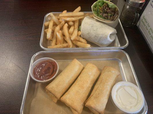 Steak wrap and Philly cheese steak egg rolls.