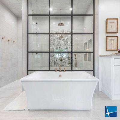 Expert craftsmanship, seen in this gorgeous windowpane shower wall feature.