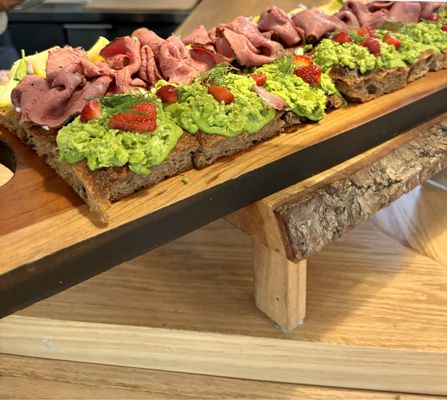 Front: Snap Peas & Strawberries  Middle: Roast Beef & Smoked Ricotta  Back: Summer Squash & Lentil Puree 100% Whole Wheat Focaccia