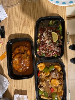 Four seasons, beef teriyaki, pork egg foo yong