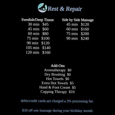 Rest & Repair service menu and prices