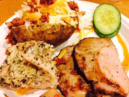 Dinner was pork tenderloin, (surprisingly not overlooked!) stuffed chicken breast,  baked potato, chili, green salad and steamed veggies