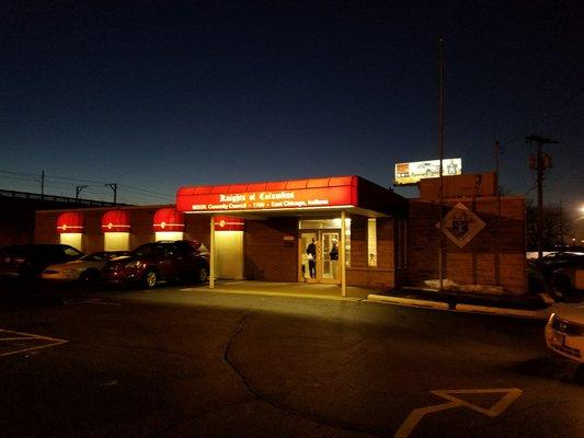 Front entrance in the evening.