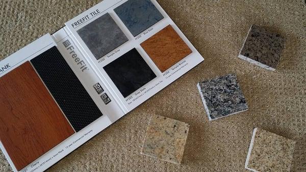 Some of our options on vynil plank and granite. Ideal for commercial jobs.