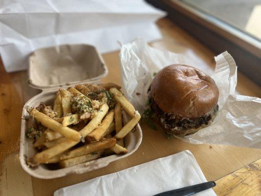 Mushroom and Swiss Burger with Garlic Fries