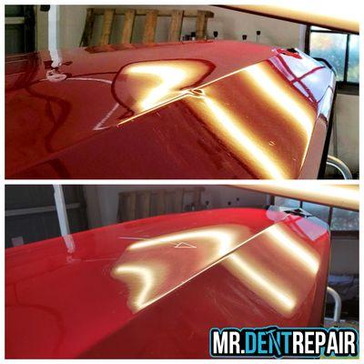 Body line dent before and after repair.