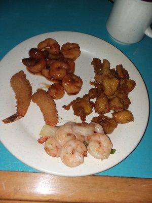 Breaded Shrimp, Shrimp and Vegetables, Butter Chicken and Five Spice Shrimp.