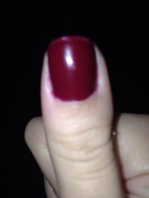 Horrible mani. See the line at the tip? The nail polish is bad quality bc it is scrunching from the tip to the middle! Wtf?!