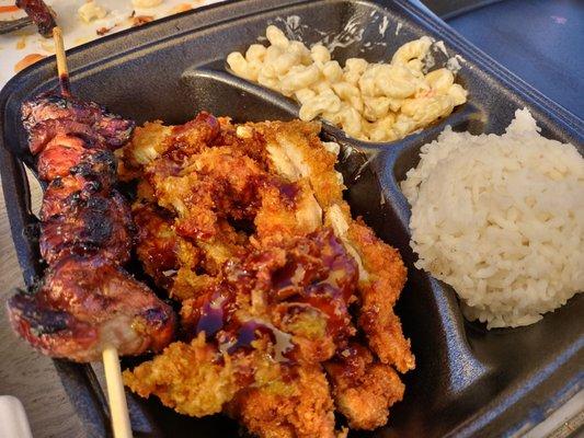 Bbq pork, chicken katsu, mac salad and rice - Dakine Grindz food truck.  Thumbs way up!