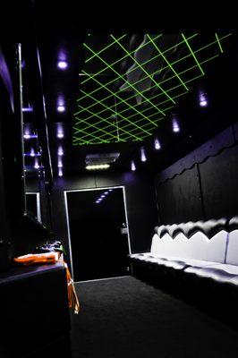 Limo style seating and color changing mood ceiling.