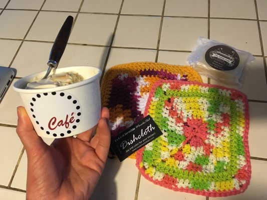 Some ice cream I took home from Polka Dot as well as dishcloths/soap bought from the gift shop there