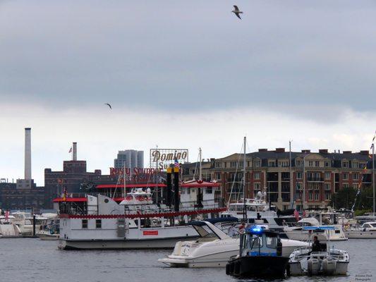 Baltimore Inner Harbor.  In the distance is the iconic Domino Sugars sign.