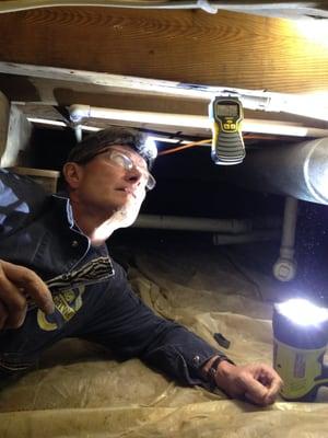 Using a moisture meter on floor joist in the crawlspace.