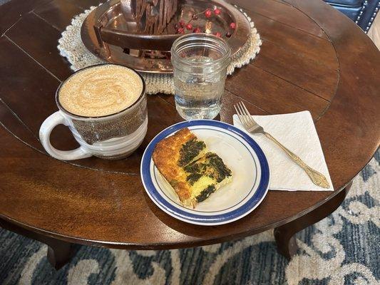 Chicken and Spinach quiche, ice water, Gingerbread Cookie Latte. If I remember right she said it's all house made. Tastes like it.