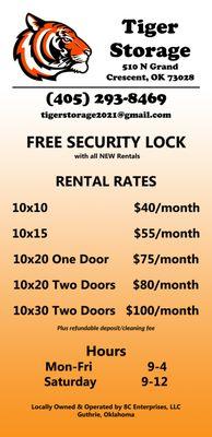 Tiger Storage Rental Rates