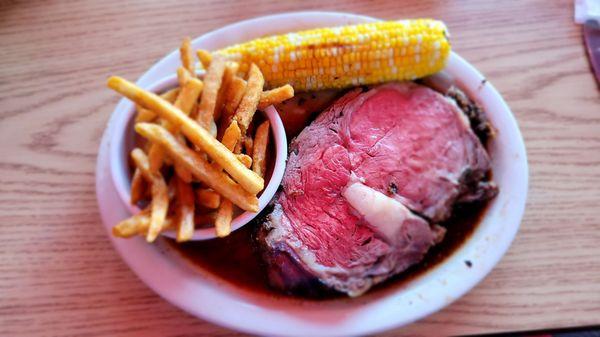 Medium rare prime rib was just about perfectly cooked and the fries are great with a crispy cook on them.