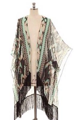 Aztec printed cardigan with fringe detail in mint!