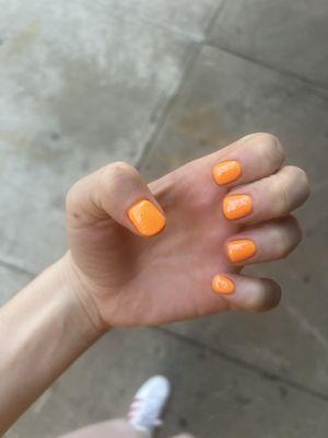 Gel orange sparkle manicure $43 with soak off of hard gel from last manicure