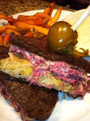 Corned Beef Ruben with Melted Swiss, 1000 Island and Sauerkraut on Dark Rye. #wagongrill