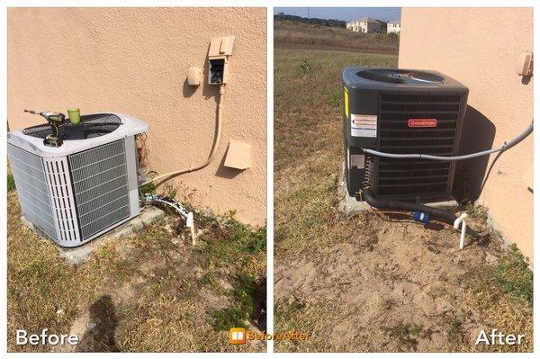 Vazquez residence outside unit before and after 16 S.E.E.R Heat pump installation.