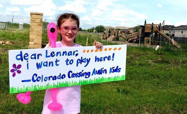 Phoebe is one of hundreds of kids in Colorado Crossing who would like to play on a playground that was completed nearly a year ago.