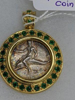 18K Gold & Emerald Boy Riding Dolphin Coin Pendant