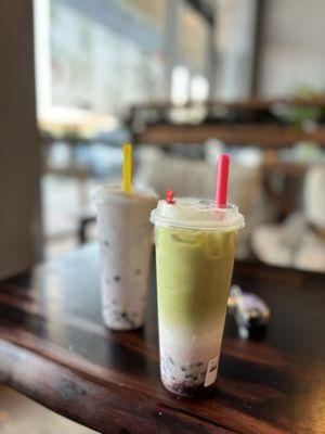 Taro smoothy with boba and Matcha latte with Red Bean