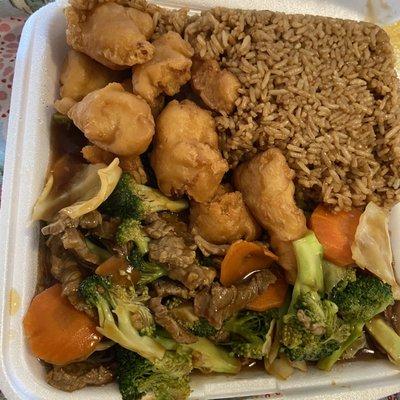 Beef and broccoli  fried rice fried chicken