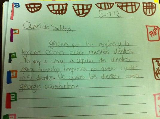 Letter from a East Central Student, whose class Dr. Moya visited and educated about dental care and wellness!