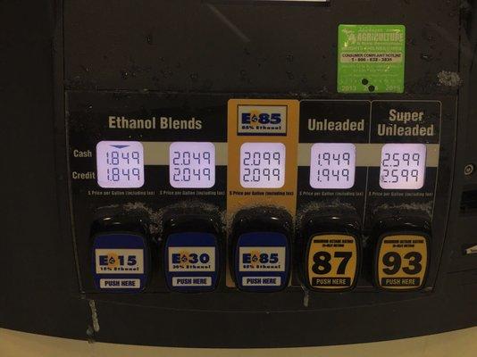 E85 pump - note that E15 and E30 are also available alongside regular and premium.