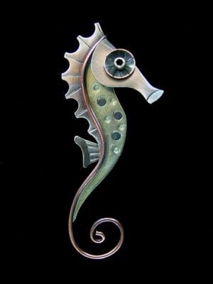 "Seahorse Pin"; Chicken Scratch Jewelry; Sterling silver, copper and mixed media