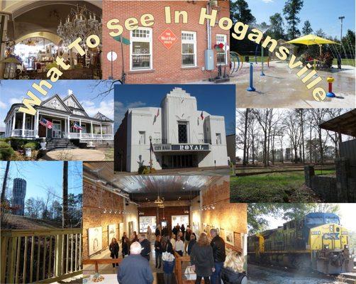 Clockwise from top: Train Depot w/ coffee shop; splash pad; historic amphitheater; trains; art gallery; Tower Trail; B&B; antiques; Royal