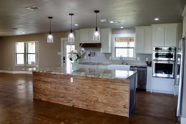 Ranch House Remodel - new open kitchen, custom cabinets, granite tops, huge island w shiplap accent