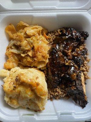 Jerk chicken (with rice, cabbage, and Mac and cheese)