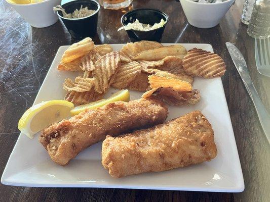 2 piece beer battered cod with house chips.