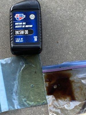 Side by side comparison of new oil versus what came out the filter they put on at the "oil change".