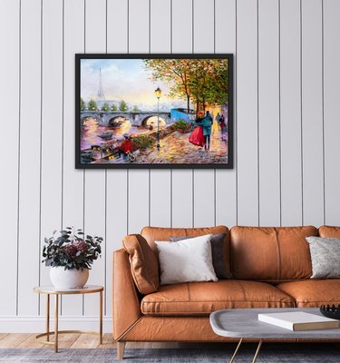 Beautiful Paris by Water Romantic Couple Framed Painting Print 24 x 36 inches