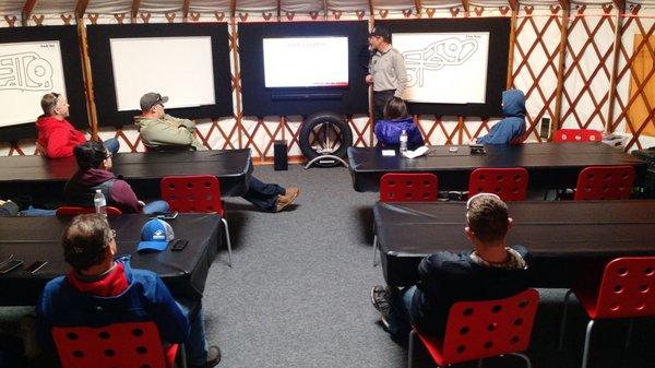 A heated yurt serves as our unique classroom and lunch area at our 75+ acre driving campus.