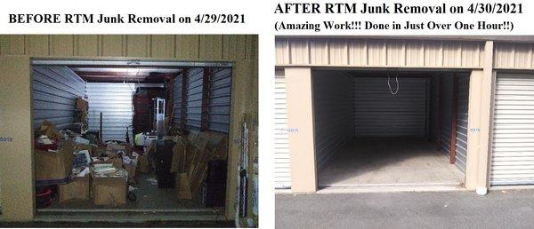 RTM Junk Removal and Landscaping was my savor in a time of great need. I had a storage unit full of junk and a strict deadline.